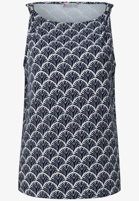 Ärmelloses navyblaues Top mit weißem Fächer-Muster.