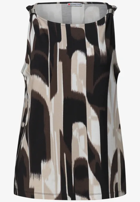 Top sans manches pour femme avec motif abstrait en noir, beige et blanc.
