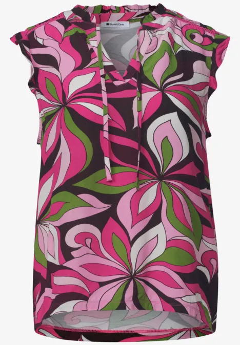 Top mit Strukturmix und Crochet-Details magenta dream Ärmelloses Damen-Top mit floraler Grafik in Pink und Grün, V-Ausschnitt mit Kordel und legerem Schnitt.
