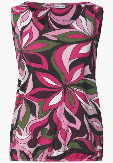 Top mit V-Neck und Elastiksaum magenta dream Ärmelloses Top mit abstraktem Blumenmuster in Pink, Grün, Weiß und Schwarz.