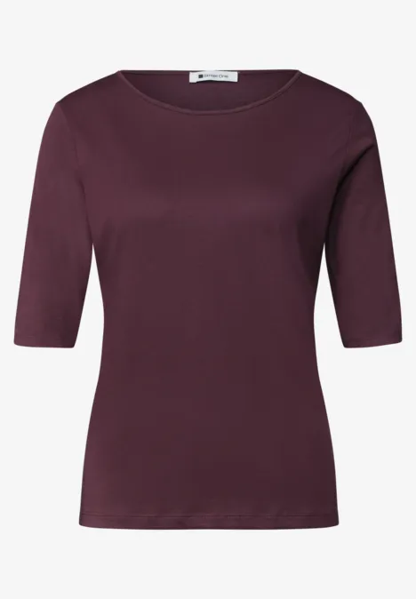 Basic Shirt met ronde hals in Unifarbe rustic rouge Donkerpaars dames-T-shirt met driekwartmouwen en ronde hals.