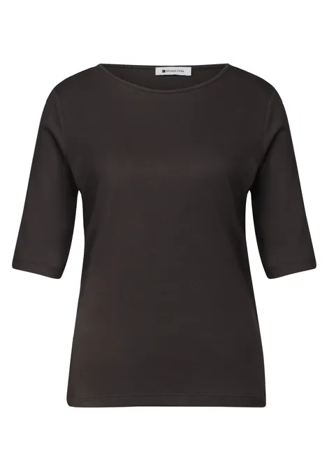 Basic Shirt met ronde hals in Unifarbe black coffee Een eenvoudig zwart t-shirt met driekwartmouwen en ronde hals.