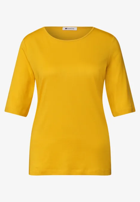 Gele T-shirt met ronde hals en driekwartmouwen