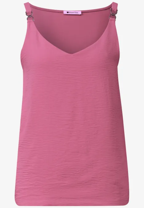 Rosa Damen-Top mit feinen Trägern und V-Ausschnitt aus leicht strukturierter Baumwolle.