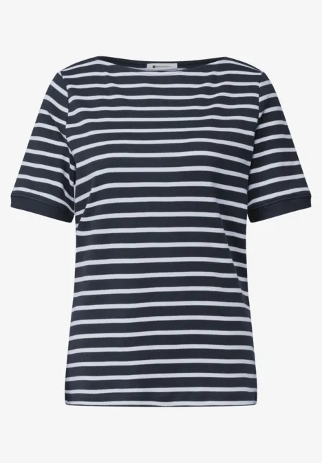 Kurzärmeliges Shirt mit klassischen weißen und dunkelblauen Streifen, legerer Rundhalsausschnitt.