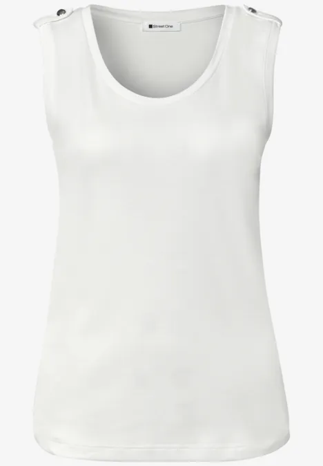 Ein schlichtes weißes ärmelloses Top mit rundem Ausschnitt und unifarbenem Design.