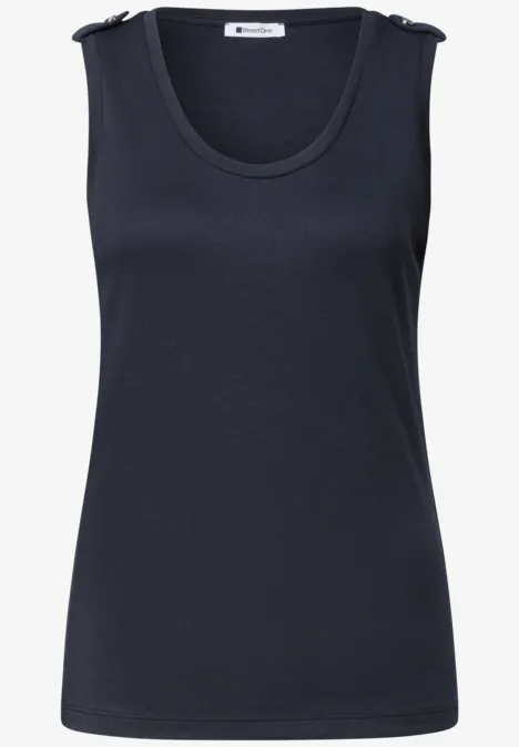 Schwarzes ärmelloses Tanktop aus Baumwollmischung mit rundem Ausschnitt.