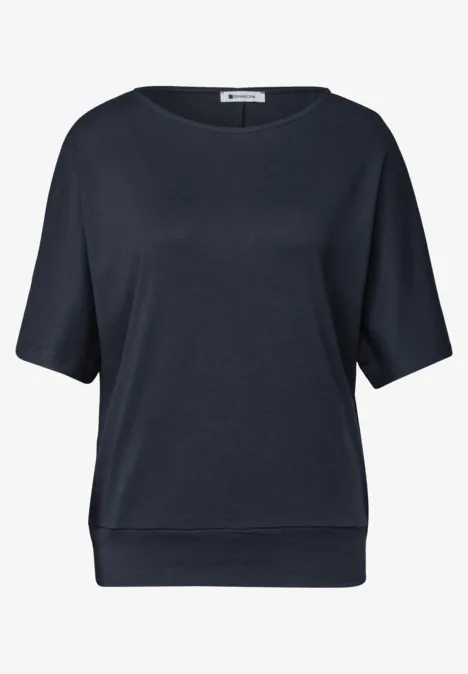 Basic Shirt met boothals en elastische zoom darkest blue Donkerblauwe damestop met korte mouwen, losse pasvorm en brede elastische boord.