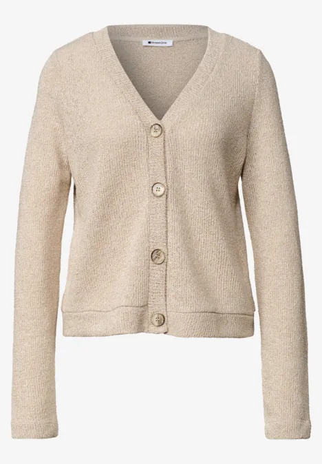 Langarm Jacke im Strick-Look mit Glitzer clay sand Beige Strickjacke mit V-Ausschnitt, langen Ärmeln und vier Knöpfen.