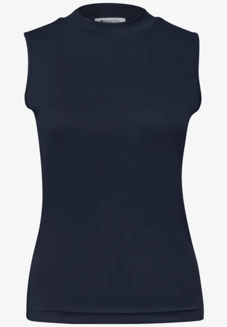 Top in Silk-Look met coltrui darkest blue Effen navy mouwloos top met ronde hals