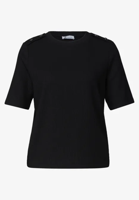 Shirt met ronde hals en knoopdetails Black Zwarte damestop met korte mouwen van fijne gebreide stof en ronde hals.