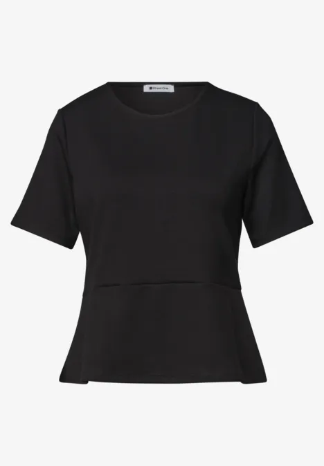T-Shirt mit Rundhals und Volant-Detail Black Schwarzes, tailliertes Kurzarm-Shirt mit leicht ausgestelltem Saum.