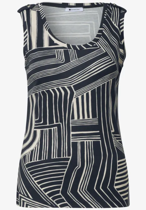 Ärmelloses Top mit schwarz-weißem, geometrischem Linienmuster.