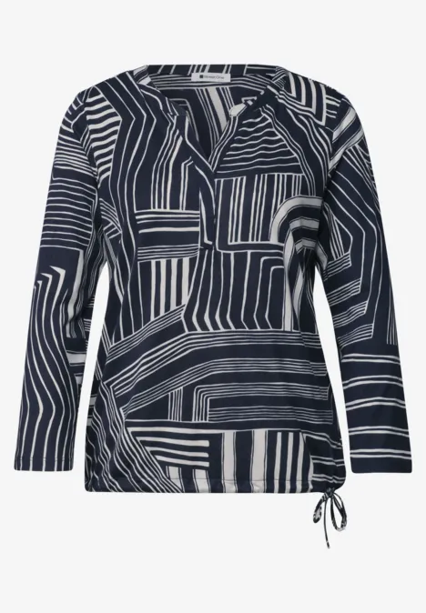 3/4-Arm Shirt mit Split Neck und Print darkest blue Dunkelblaue Bluse mit weißen, abstrakten Streifen, 3/4-Ärmeln, V-Ausschnitt und seitlicher Kordel