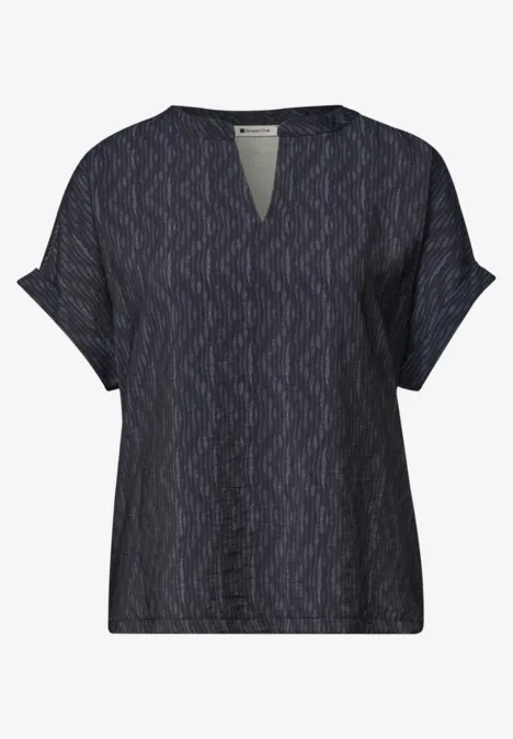 Lockeres Kurzarmshirt mit V-Ausschnitt und dezentem Muster, dunkelblau oder schwarz