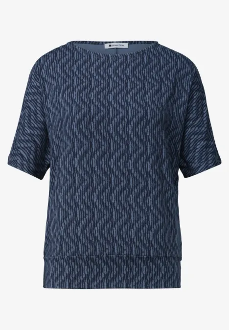 Shirt met boothals en elastische zoom ashen blue Kort navyblauw gebreid shirt met subtiel zigzagpatroon