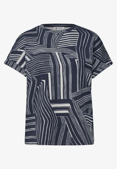 Donkerblauw t-shirt met abstract wit streepjespatroon.