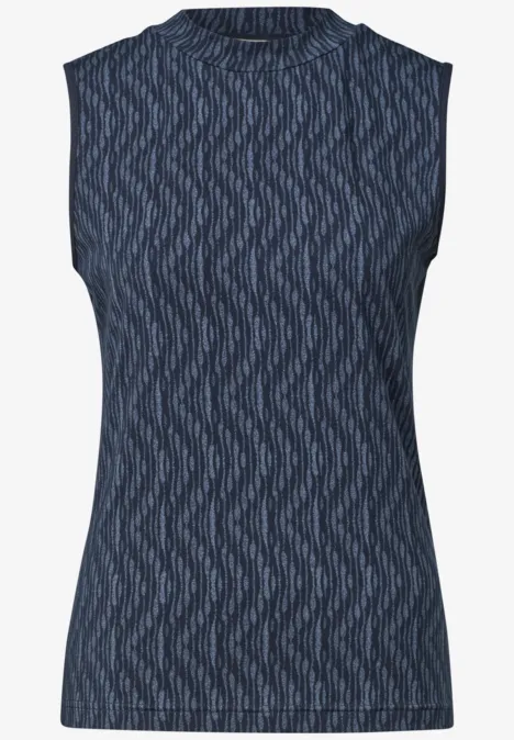 Top mit Turtle Neck und Print ashen blue Ärmelloses, dunkelblaues Top mit wellenförmigem Muster