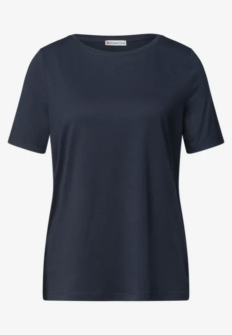 Basic T-Shirt mit Rundhals in Unifarbe darkest blue Dunkelblaues Damen-T-Shirt mit kurzen Ärmeln und schlichtem Rundhalsausschnitt.