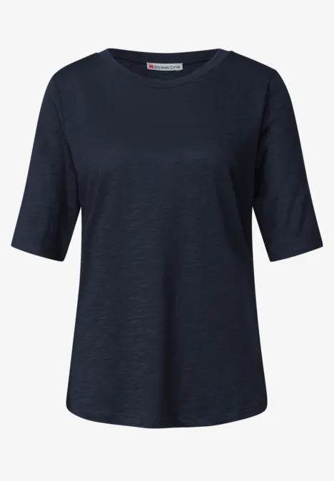 Dunkelblaues, schlichtes kurzärmeliges T-Shirt mit lockerem Schnitt.
