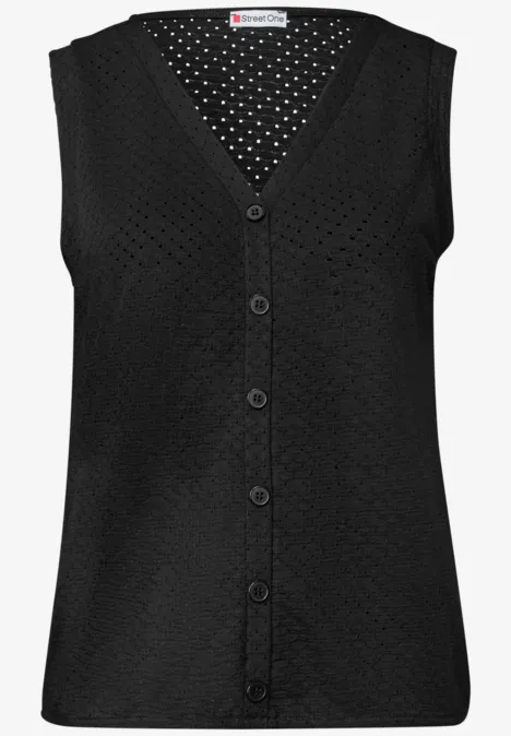 Top mit V-Neck und dekorativer Knopfleiste Black Ärmellose schwarze Strickweste mit V-Ausschnitt und Knopfleiste