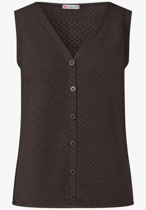 Ärmelloses, schwarzes Stricktop mit V-Ausschnitt und Knopfleiste.