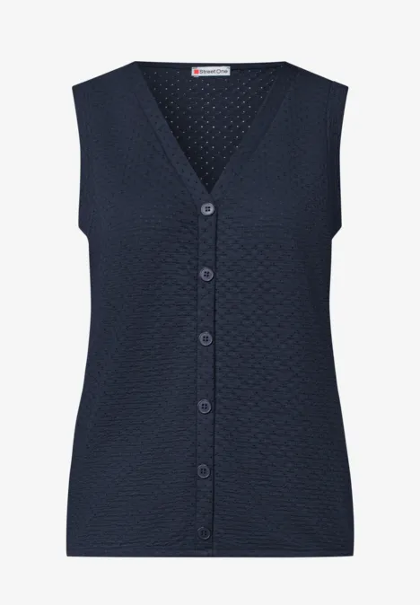 Haut à col en V et patte de boutonnage décorative darkest blue Dunkelblaues, ärmelloses Damenstrickweste mit V-Ausschnitt und durchgehender Knopfleiste.