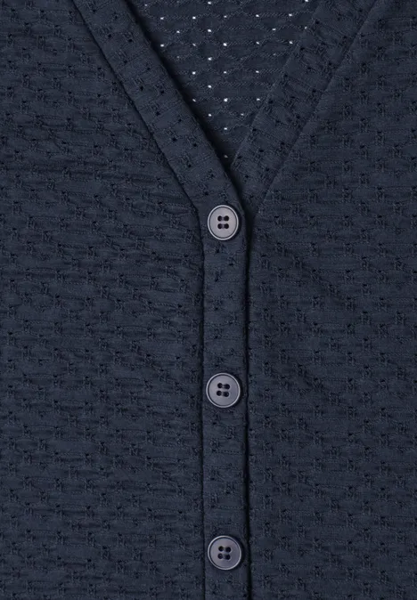 Haut à col en V et patte de boutonnage décorative darkest blue Dunkelblaue Strickjacke mit feiner Struktur und Knopfleiste.