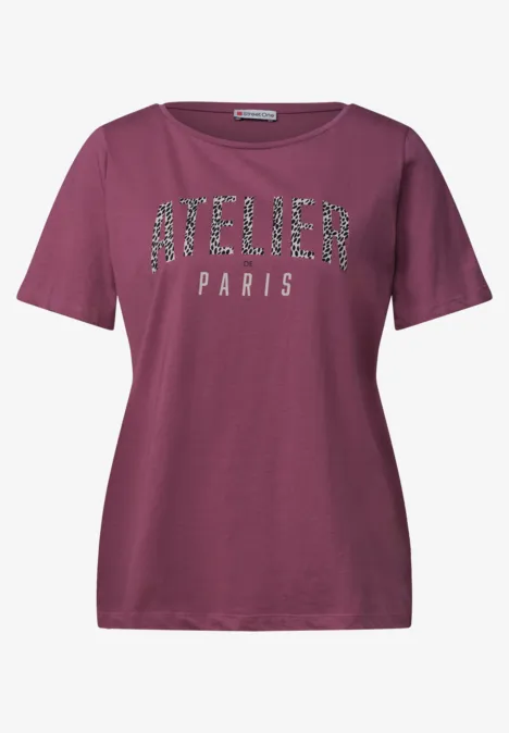 Shirt met ronde hals en opdruk op de voorkant dark clouded blush Paars dames-T-shirt met glanzende tekst 'ATELIER PARIS' op de voorkant.