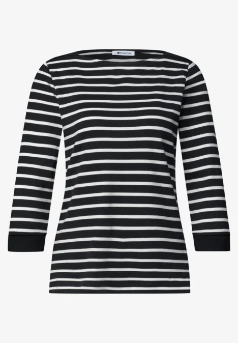 Schwarz-weiß gestreiftes Damen-Shirt mit 3/4-Ärmeln und Rundhalsausschnitt.