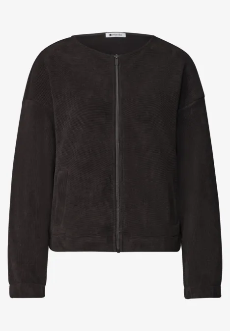 Jasje met ronde hals in corduroy-look black coffee Schwarze Fleece-Jacke mit durchgehendem Reißverschluss und schlichtem Design.