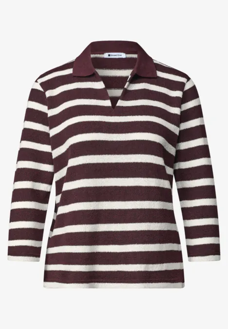 3/4-Arm Poloshirt mit Streifenmuster rustic rouge Weinrotes und weißes gestreiftes Langarm-Poloshirt mit V-Ausschnitt und Kragen.