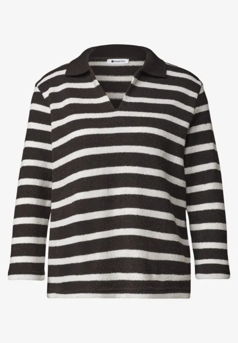 3/4-Arm Poloshirt mit Streifenmuster black coffee Schwarz-weiß geringelter Pullover mit V-Ausschnitt, Kragen und 3/4-Ärmeln
