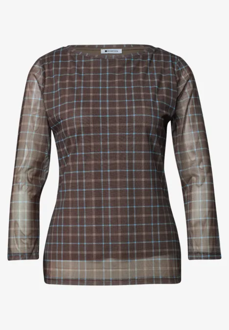 3/4-Arm Shirt aus Mesh mit Print silk brown Braunes, kariertes Langarmshirt mit rundem Ausschnitt und dezentem Karomuster.