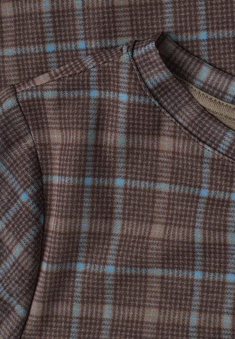 3/4-Arm Shirt aus Mesh mit Print silk brown Braunes kariertes Oberteil mit blau-grauen Karos und rundem Halsausschnitt
