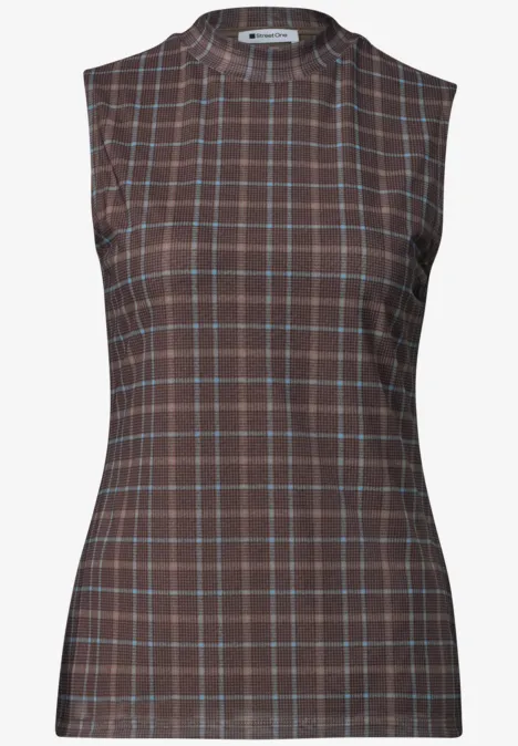 Ärmelloses, tailliertes Top in Braun mit hellblau-weißen Karos für einen modischen Look.