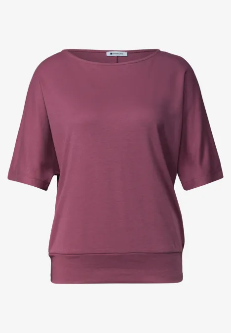 Basic Shirt met boothals en elastische zoom dark clouded blush Een losvallend, paarse damestop met driekwartmouwen en een ruime ronde hals.