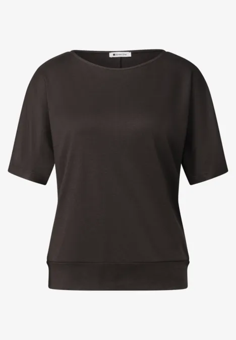 Basic Shirt met boothals en elastische zoom black coffee Zwarte, eenvoudige top met korte mouwen.