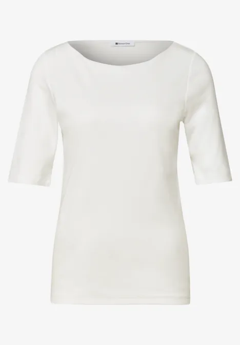 Shirt met golvende halslijn in effen kleur off white Eenvoudig wit dames-T-shirt met halflange mouwen en ronde hals.