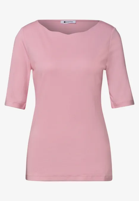 Shirt met golvende halslijn in effen kleur vintage blush Een eenvoudig, roze dames-T-shirt met halflange mouwen en een ronde hals.