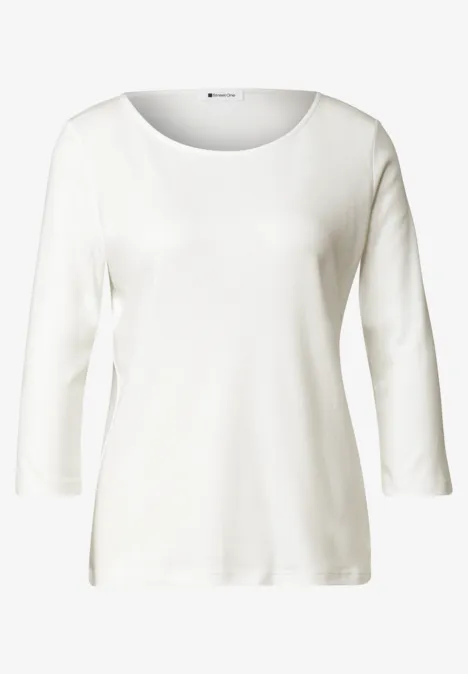 3/4-Arm Shirt mit U-Boot-Ausschnitt off white Einfaches weißes T-Shirt mit 3/4-Ärmeln und Rundhals für Damen.