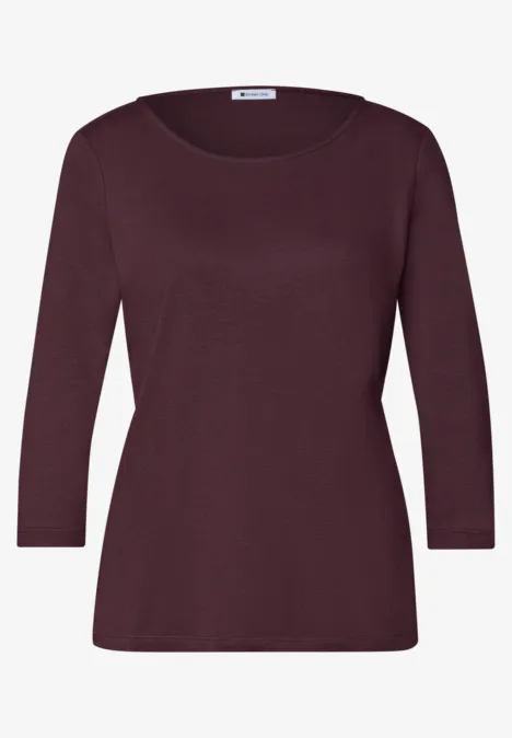 3/4-Arm Shirt mit U-Boot-Ausschnitt rustic rouge Bordeauxfarbene Damenbluse mit 3/4-Ärmeln und Rundhalsausschnitt.