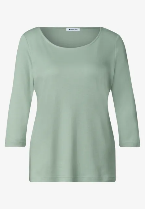 3/4-Arm Shirt mit U-Boot-Ausschnitt eucalyptus green Hellgrünes Damen-Shirt mit 3/4-Ärmeln und rundem Ausschnitt.