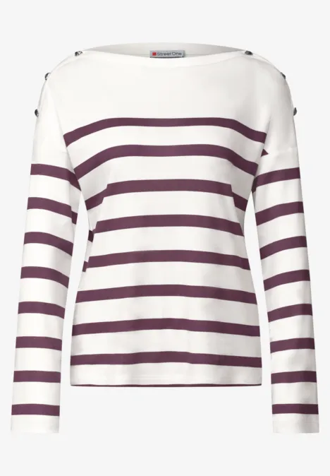 Weißes Langarmshirt mit breiten violetten Querstreifen und lockerem Schnitt.