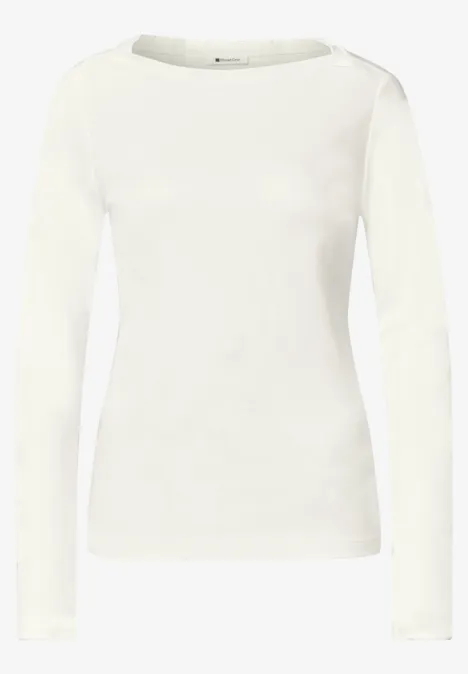Basic Shirt mit U-Boot-Ausschnitt off white Schlichtes weißes Langarmshirt für Damen mit rundem Ausschnitt.