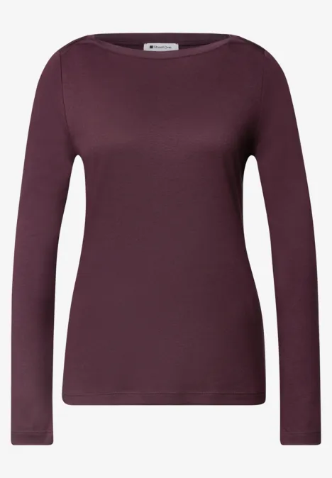 Eenvoudig damesshirt met lange mouwen, ronde hals, in donker aubergine.