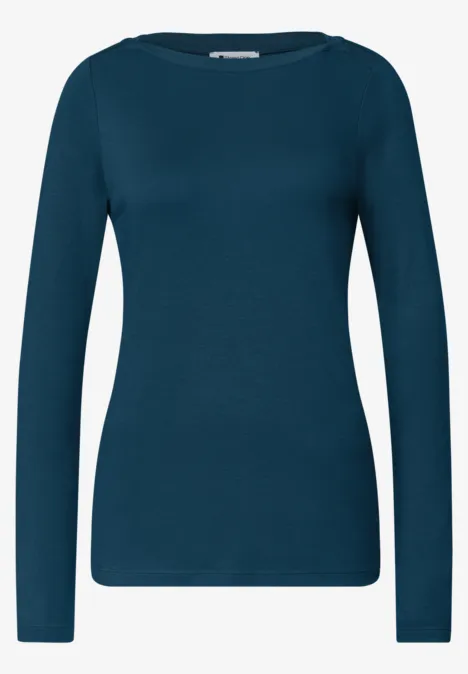 Haut basic a col bateau blue petrol Damen-Langarmshirt in petrolblau, körpernah geschnitten