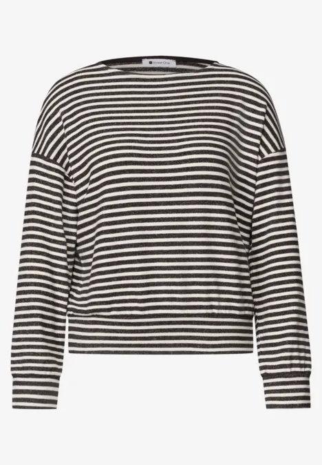 Langarm Shirt mit Elastikbund black coffee mel. Schwarzes-weiß gestreiftes Langarm-Shirt mit Rundhalsausschnitt und lockerem Schnitt.