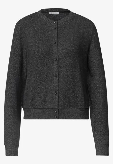 Langarm Jacke im Strick-Look mit Rundhals armor grey mel. Ein schlichtes, langärmeliges Strick-Cardigan mit Knopfleiste in dunklem Grau.