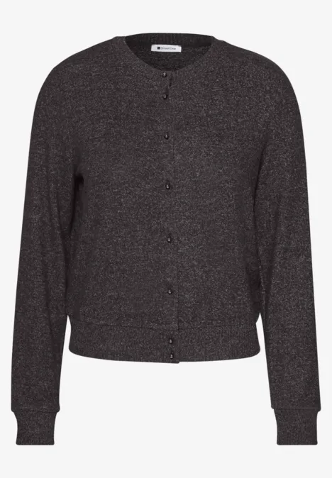 Dunkelgrauer Damen-Cardigan mit Knopfleiste, V-Ausschnitt und Rippbündchen.